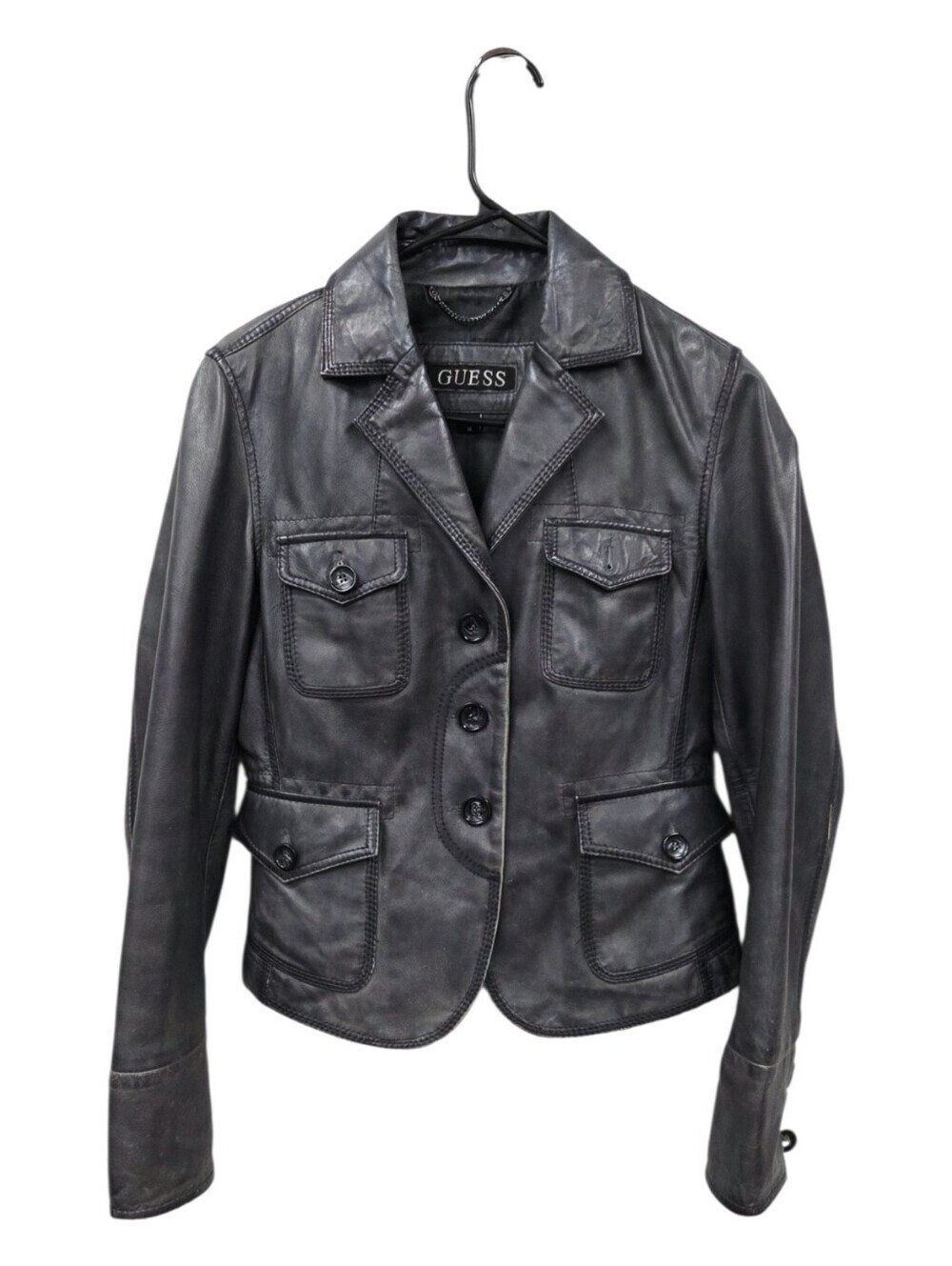 GUESS Grey Distressed Motorcylce Leather Button Front Jacket Med